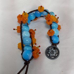 Woven Bracelet w/ Vintage Light Blue Glass Beads, Orange Flowers, Vintage Button